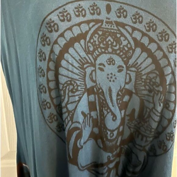 Earthbound small cold shoulder tunic top. Teal and brown. Ganesha graphic. - Picture 4 of 5